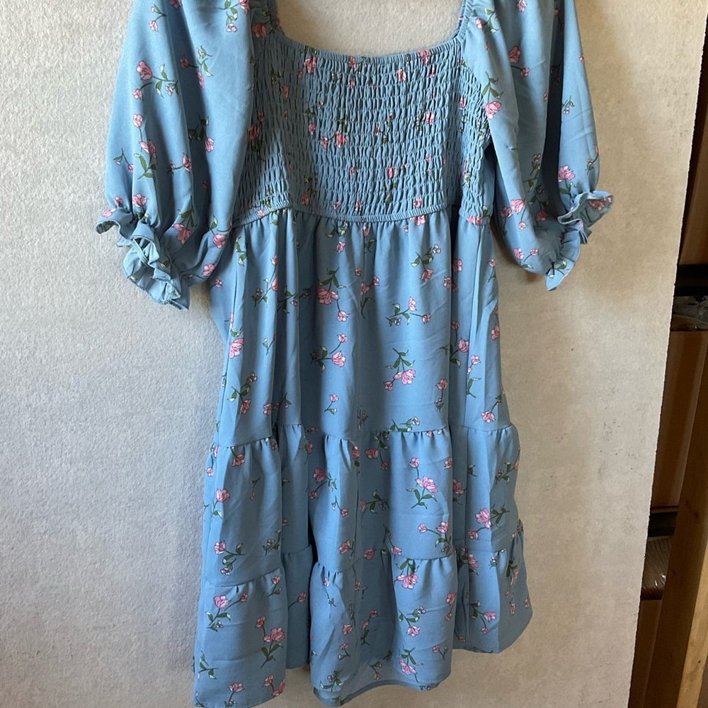Inspired Hearts Floral Blue Dress. NWT Tiered skirt. Puffy sleeves. Size L. - Picture 6 of 9